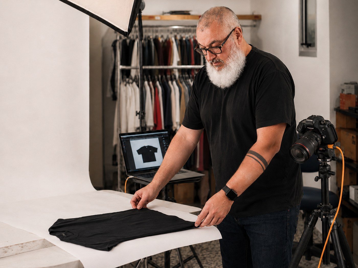 Bastidor: still de produto sendo posicionado na mesa de fotografia