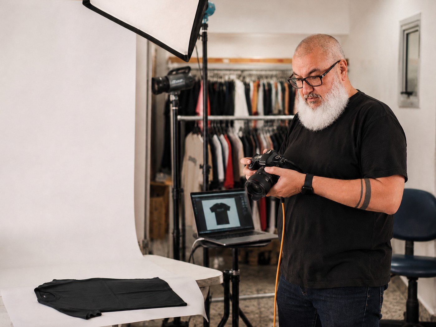 Bastidor: still de produto em outro ângulo, araras de roupa ao fundo