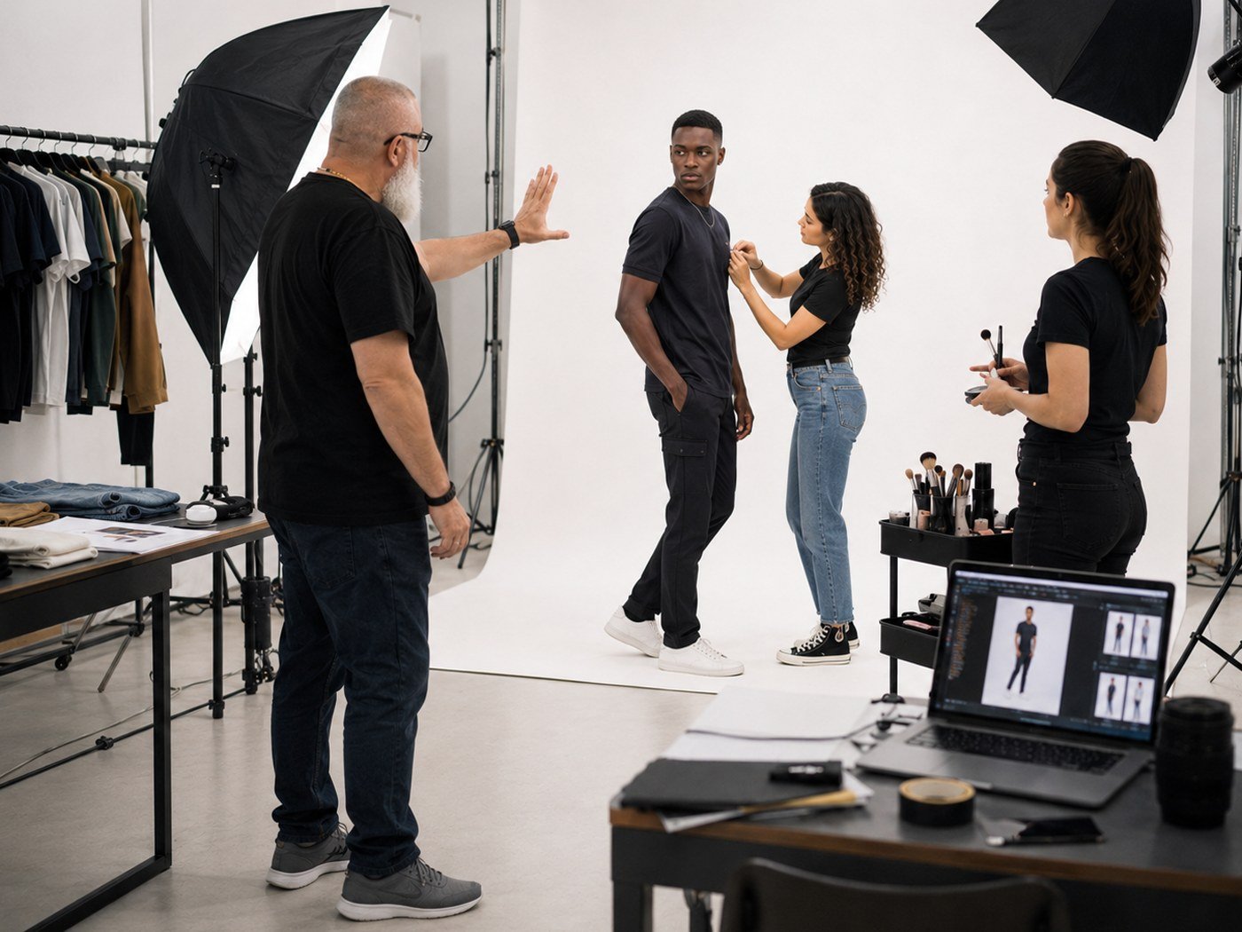 Bastidor de still com modelo: produtora ajustando a roupa do modelo antes da captura