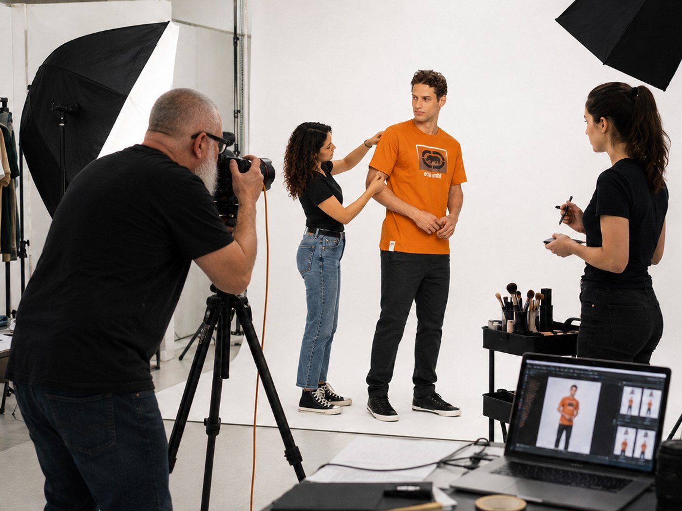 Bastidor de still com modelo: equipe ajustando a camiseta laranja Ecko no modelo