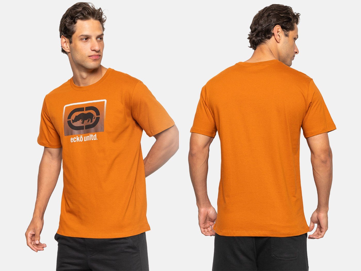 Still com modelo finalizado: a mesma camiseta Ecko Unltd. laranja, frente e costas
