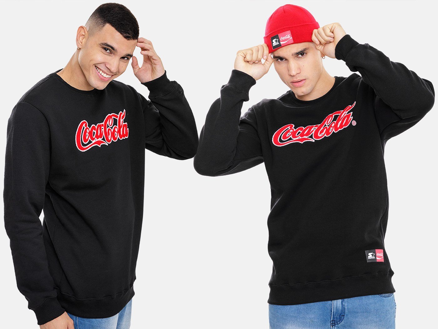 Still com modelo finalizado: moletom Coca-Cola em dupla de modelos