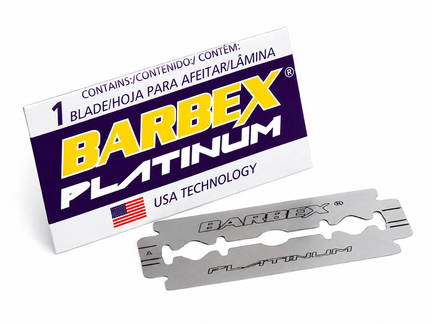 Still de produto isolado: embalagem e lâmina de barbear Barbex Platinum